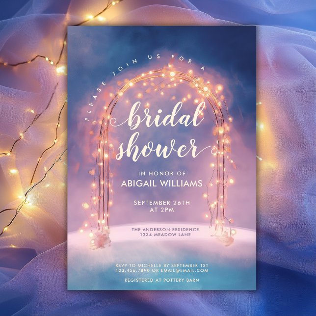 Invitation Élégant Fairy Lights Arch Fête des mariées bleu ro (Elegant Fairy Lights Arch Pink Blue Bridal Shower Invitation)
