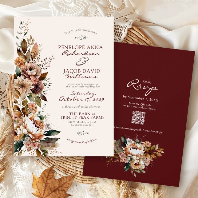 Invitation Elegant Fall Floral Burgundy Boho Autumn Wedding (Elegant watercolor Fall floral burgundy ivory terracotta rustic Autumn QR code wedding invitation)