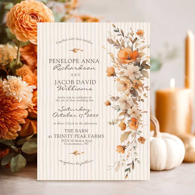 Invitation Elegant Fall Floral Ivory Striped Autumn Wedding (Elegant Fall floral rustic boho modern watercolor flowers boho chic Autumn ivory wedding invitation)