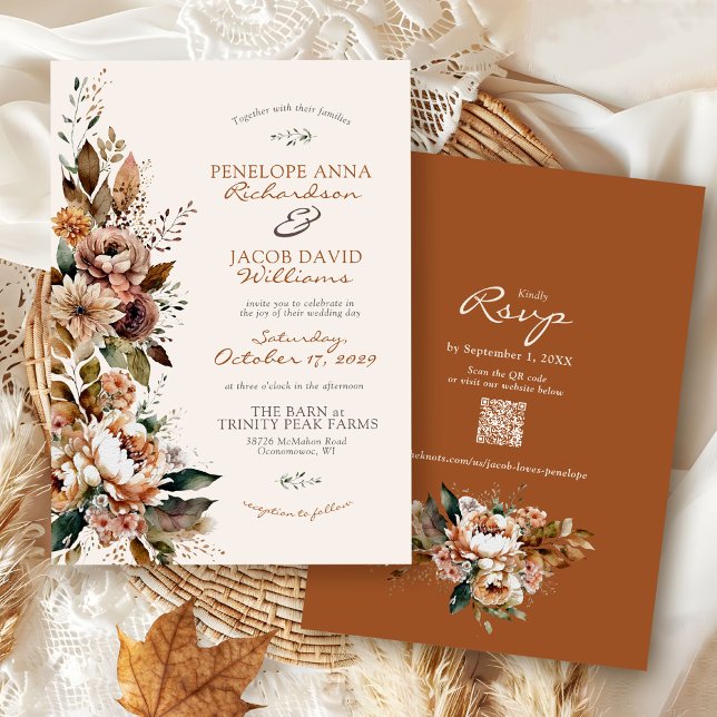 Invitation Elegant Fall Floral Terracotta Boho Autumn Wedding (Elegant watercolor Fall floral terracotta rust burgundy rustic Autumn QR code wedding invitation)