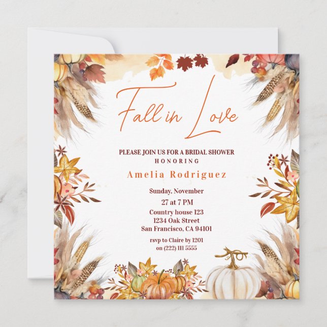 Invitation Elegant Fall in Love Bridal Shower Pumpkin Flowers (Devant)