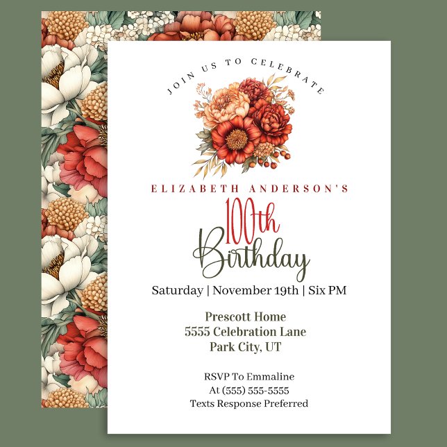 Invitation Elegant Fall Peony and Mum 100th Birthday (Créateur téléchargé)
