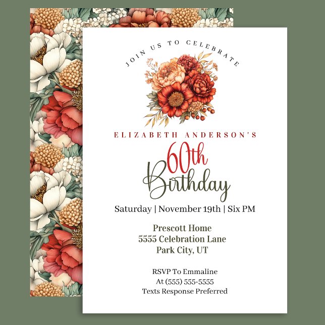 Invitation Elegant Fall Peony and Mum 60th Birthday (Créateur téléchargé)