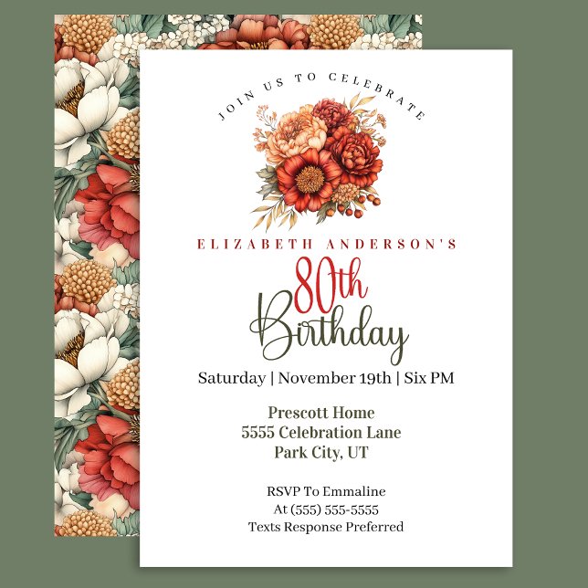 Invitation Elegant Fall Peony and Mum 80th Birthday (Créateur téléchargé)