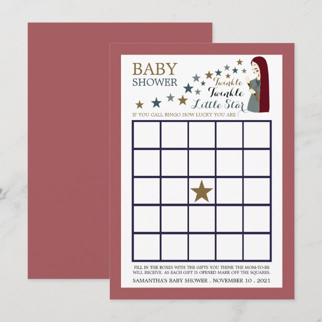 Invitation Élégant Falling Stars, Bingo Baby shower de fille (Devant / Derrière)