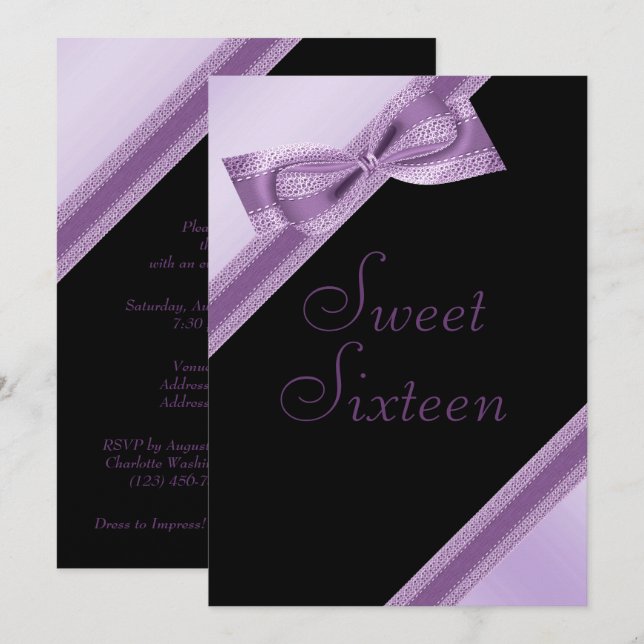 Invitation Élégant Faux Bow & Ribbon Sweet 16 Anniversaire (Devant / Derrière)