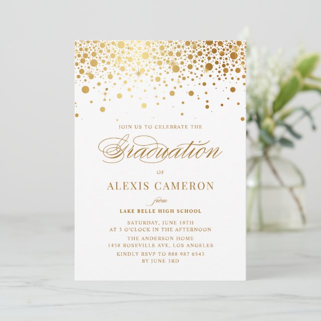 Invitation Élégant Faux Gold Foil Confetti Graduation (Debout devant)