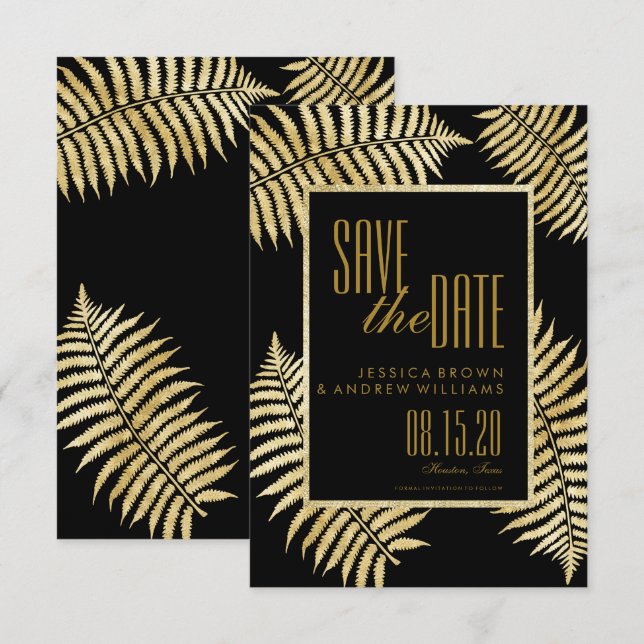 Invitation Élégant Faux Gold Leaf Bracken Enregistrer La Date (Devant / Derrière)