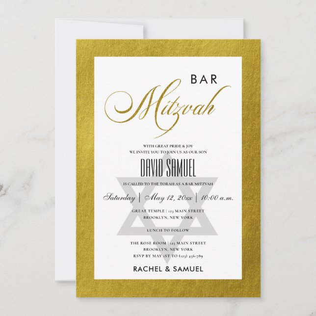 INVITATION ÉLÉGANT FAUX OR SIMPLE BAR À MAIN MITZVAH (Devant)