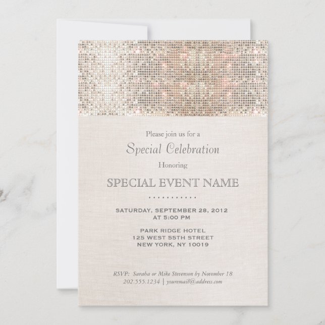 Invitation Elégant Faux Séquins Argent Linge Beige Look (Devant)