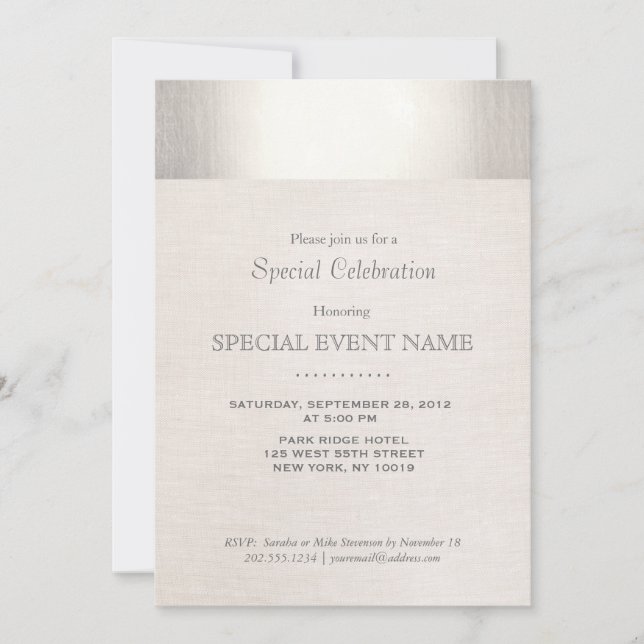 Invitation Elégant Faux Silver rayé Beige Lin Look (Devant)