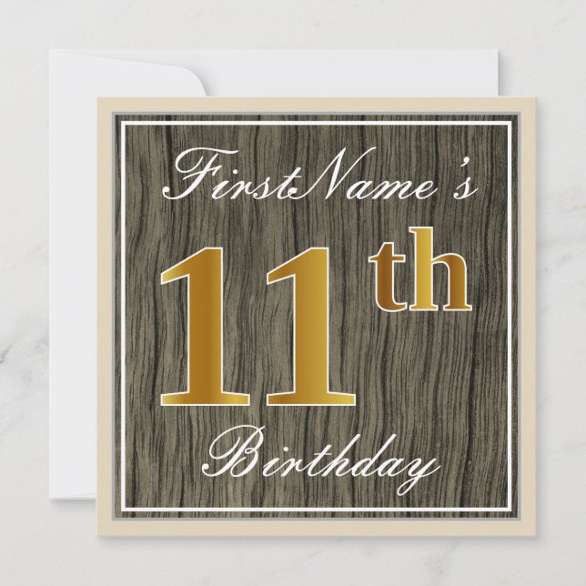 Invitation Elégant, Faux Wood, Faux Gold 11ème Anniversaire + (Devant)