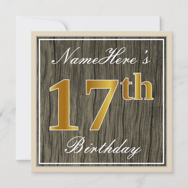 Invitation Elégant, Faux Wood, Faux Gold 17ème Anniversaire + (Devant)