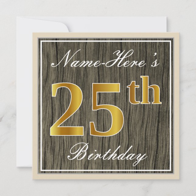 Invitation Elégant, Faux Wood, Faux Gold 25e Anniversaire + N (Devant)