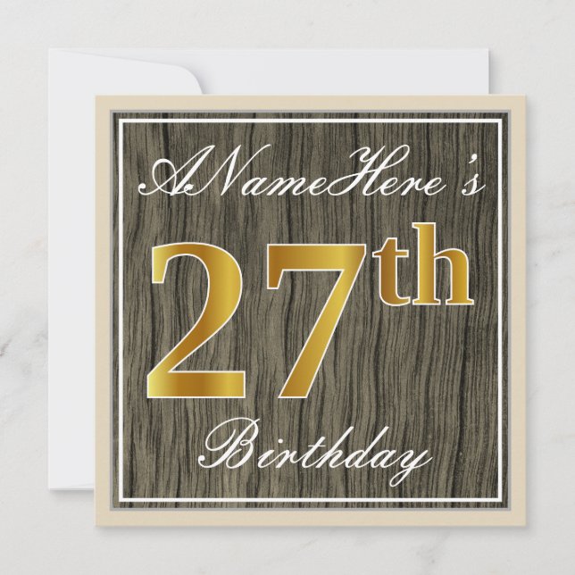 Invitation Elégant, Faux Wood, Faux Gold 27e Anniversaire + N (Devant)