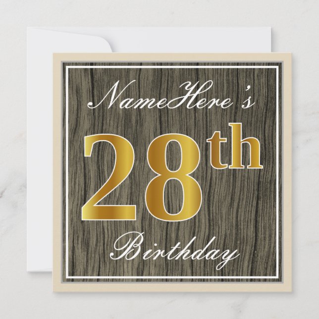 Invitation Elégant, Faux Wood, Faux Gold 28ème Anniversaire + (Devant)