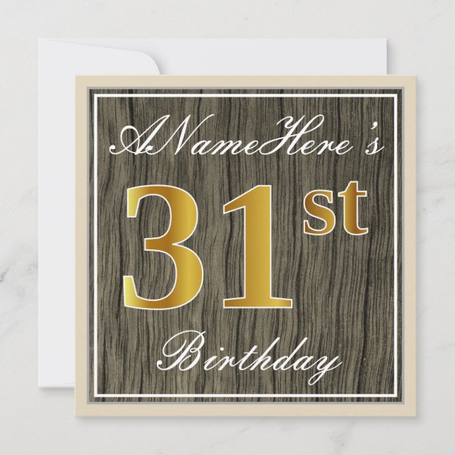 Invitation Elégant, Faux Wood, Faux Gold 31ème Anniversaire + (Devant)