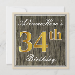 Invitation Elégant, Faux Wood, Faux Gold 34ème Anniversaire +