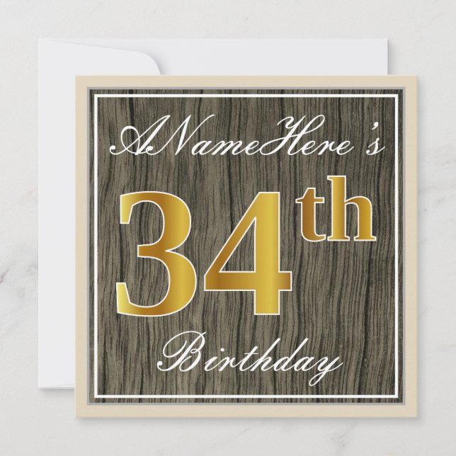 Invitation Elégant, Faux Wood, Faux Gold 34ème Anniversaire + (Devant)