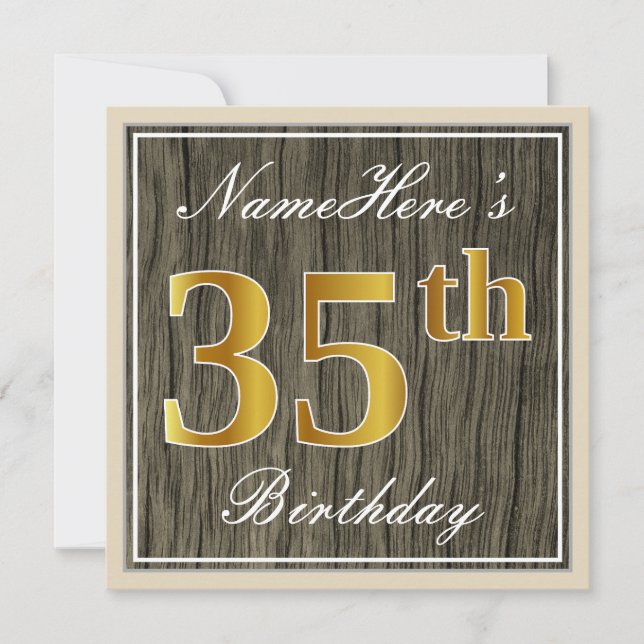 Invitation Elégant, Faux Wood, Faux Gold 35e Anniversaire + N (Devant)