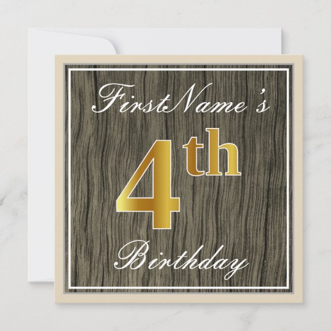 Invitation Elégant, Faux Wood, Faux Gold 4ème Anniversaire +  (Devant)