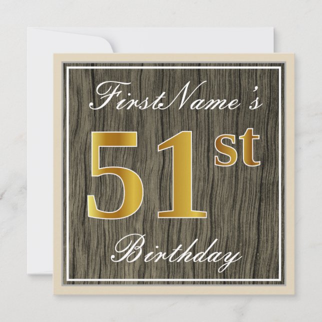 Invitation Elégant, Faux Wood, Faux Gold 51ème Anniversaire + (Devant)