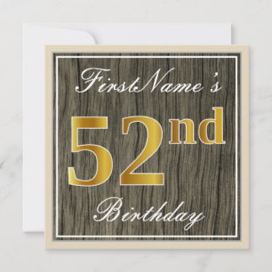 Invitation Elégant, Faux Wood, Faux Gold 52e Anniversaire + N