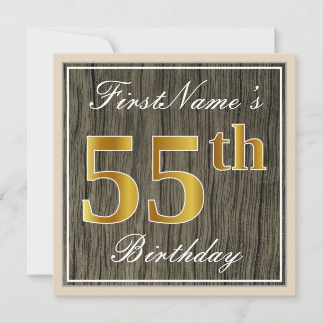Invitation Elégant, Faux Wood, Faux Gold 55e Anniversaire + N (Devant)