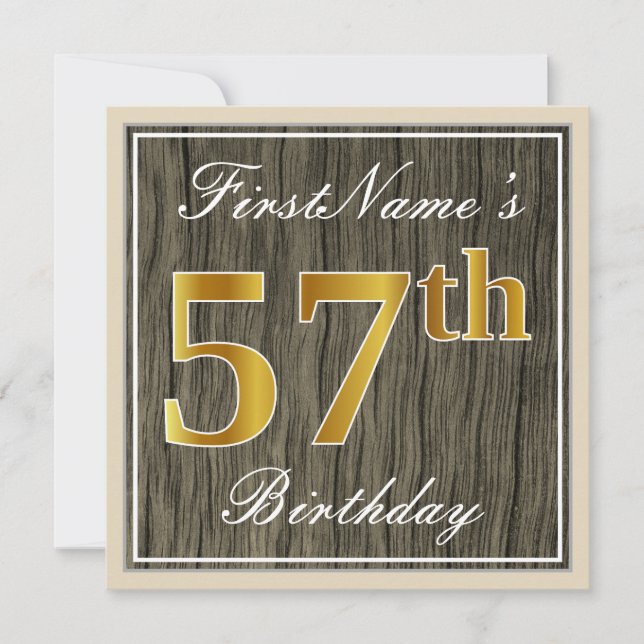Invitation Elégant, Faux Wood, Faux Gold 57e Anniversaire + N (Devant)