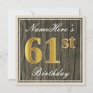 Invitation Elégant, Faux Wood, Faux Gold 61ème Anniversaire +