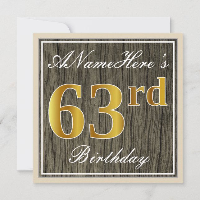Invitation Elégant, Faux Wood, Faux Gold 63ème anniversaire + (Devant)