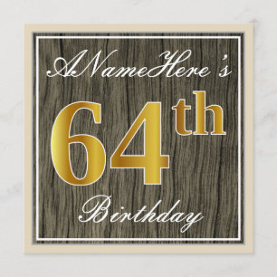 Invitation Elégant, Faux Wood, Faux Gold 64ème Anniversaire +