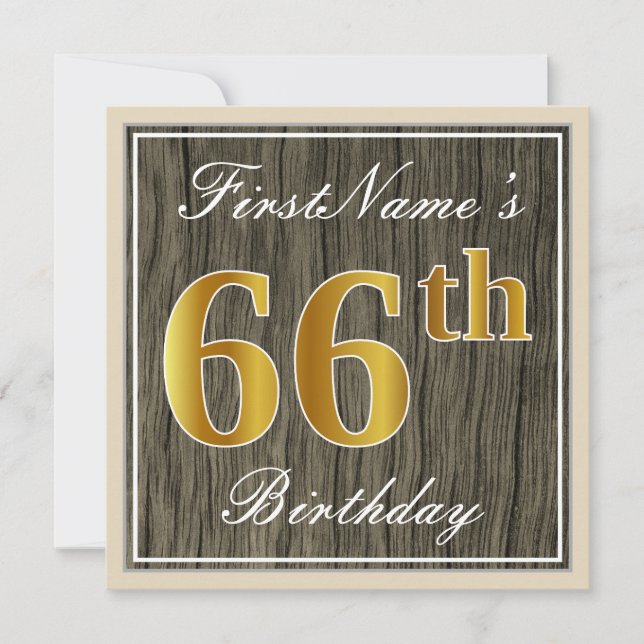 Invitation Elégant, Faux Wood, Faux Gold 66e anniversaire + N (Devant)