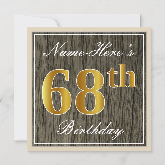 Invitation Elégant, Faux Wood, Faux Gold 68e anniversaire + N (Devant)