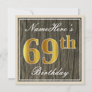 Invitation Elégant, Faux Wood, Faux Gold 69e Anniversaire + N