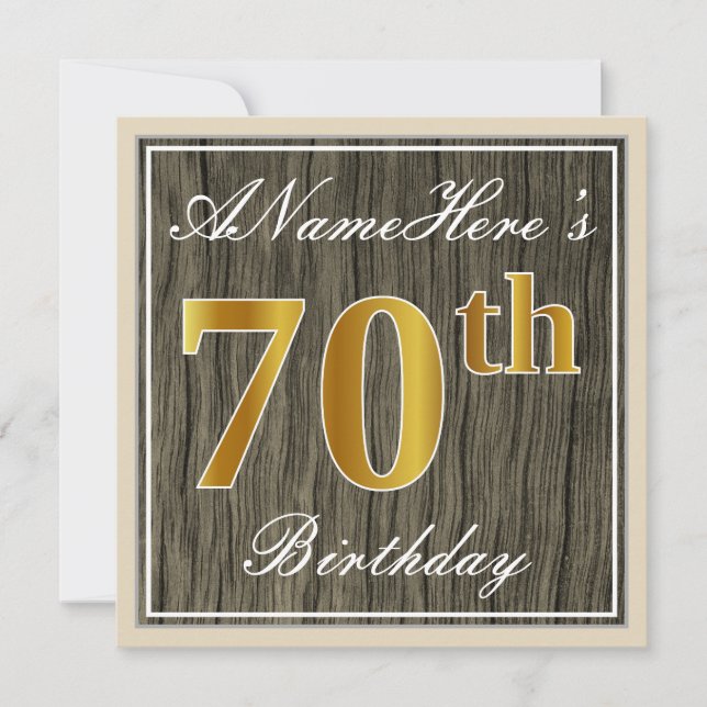Invitation Elégant, Faux Wood, Faux Gold 70e Anniversaire + N (Devant)