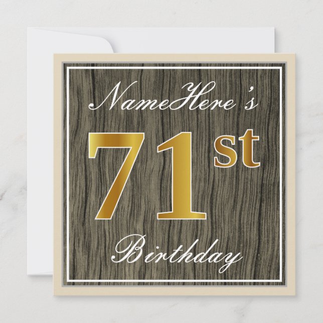 Invitation Elégant, Faux Wood, Faux Gold 71st Birthday + Nom (Devant)