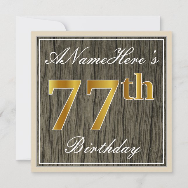 Invitation Elégant, Faux Wood, Faux Gold 77ème Anniversaire + (Devant)