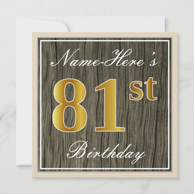 Invitation Elégant, Faux Wood, Faux Gold 81ème Anniversaire + (Devant)