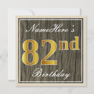 Invitation Elégant, Faux Wood, Faux Gold 82ème Anniversaire +