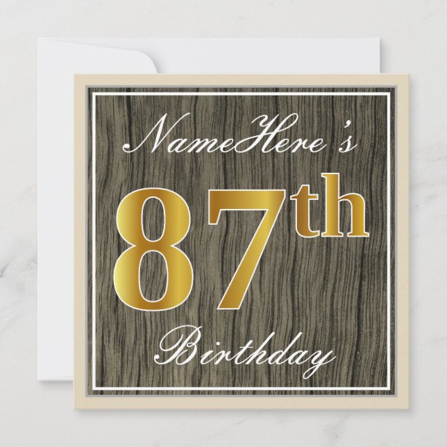 Invitation Elégant, Faux Wood, Faux Gold 87ème Anniversaire + (Devant)