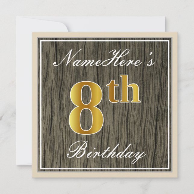 Invitation Elégant, Faux Wood, Faux Gold 8e anniversaire + No (Devant)