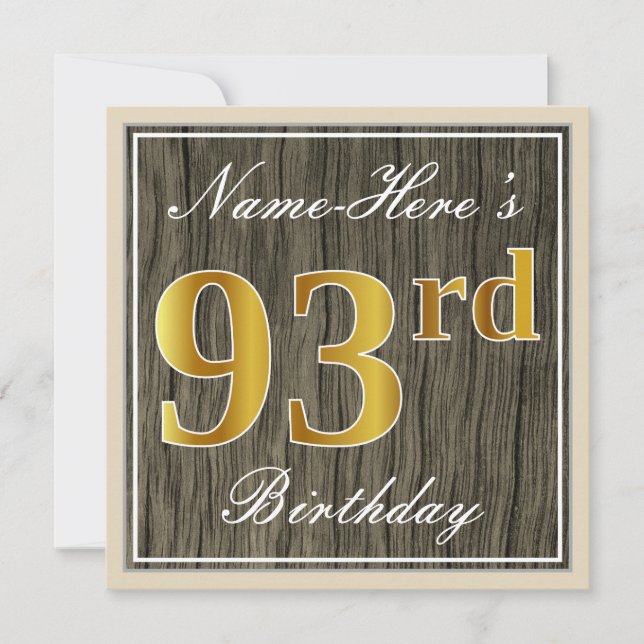 Invitation Elégant, Faux Wood, Faux Gold 93ème anniversaire + (Devant)