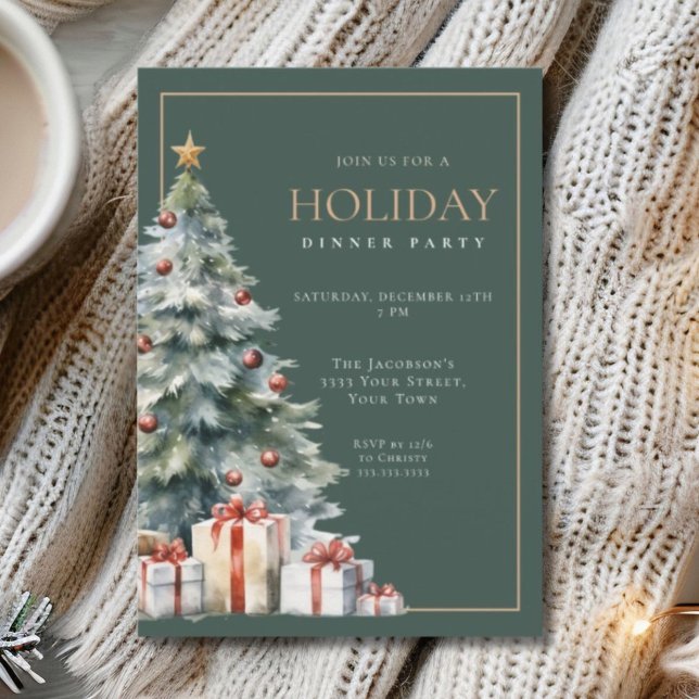 Invitation Elegant Festive Green Gold Holiday Dinner Party (Créateur téléchargé)