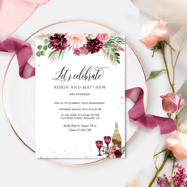 Invitation Élégant Fêtons la Bourgogne Blush Rose Floral (Créateur téléchargé)