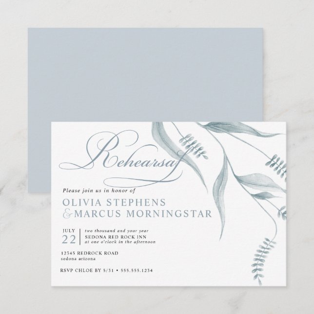 Invitation Élégant feuillage bleu poussiéreux moderne (Devant / Derrière)