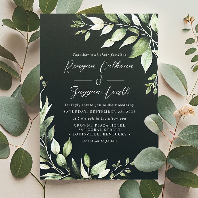 Invitation Élégant Feuillage Vert Foncé de Mariage Script (Créateur téléchargé)