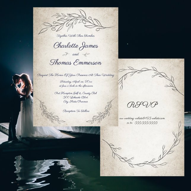 Invitation Élégant Feuille doux Mariage de script avec RSVP (Elegant Soft Leaves Script Wedding with RSVP Invitation)