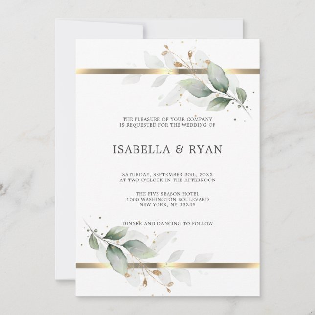 Invitation ELEGANT Feuille Foliage Or Aquarelle MARIAGE Inv (Devant)