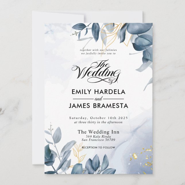 Invitation Elégant Feuille Gold Blue Watercolor Mariage (Devant)